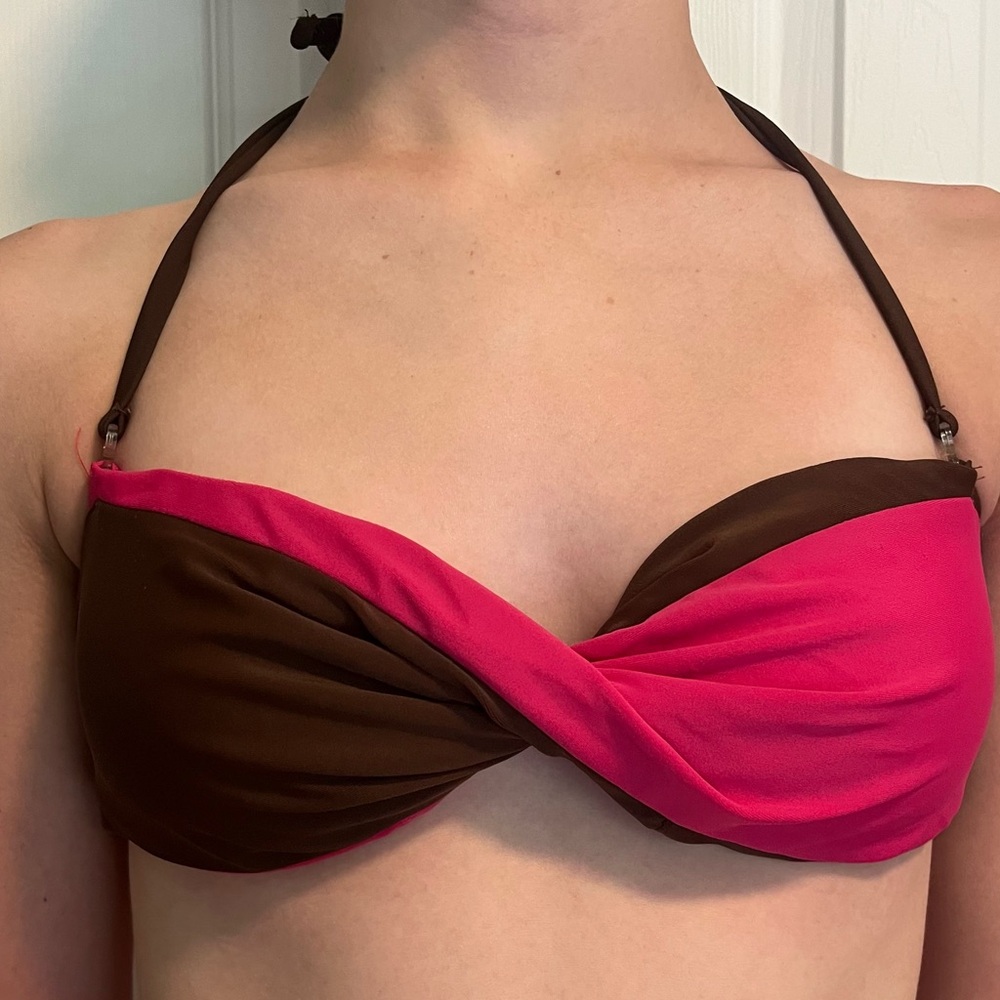 Pink and Brown Women's Swim Top Size Small